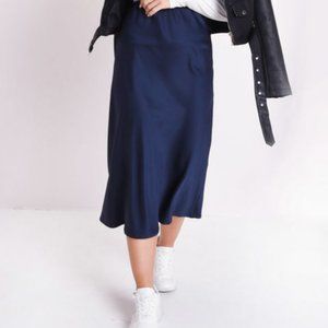 H&M Navy Satin Silk Midi Skirt